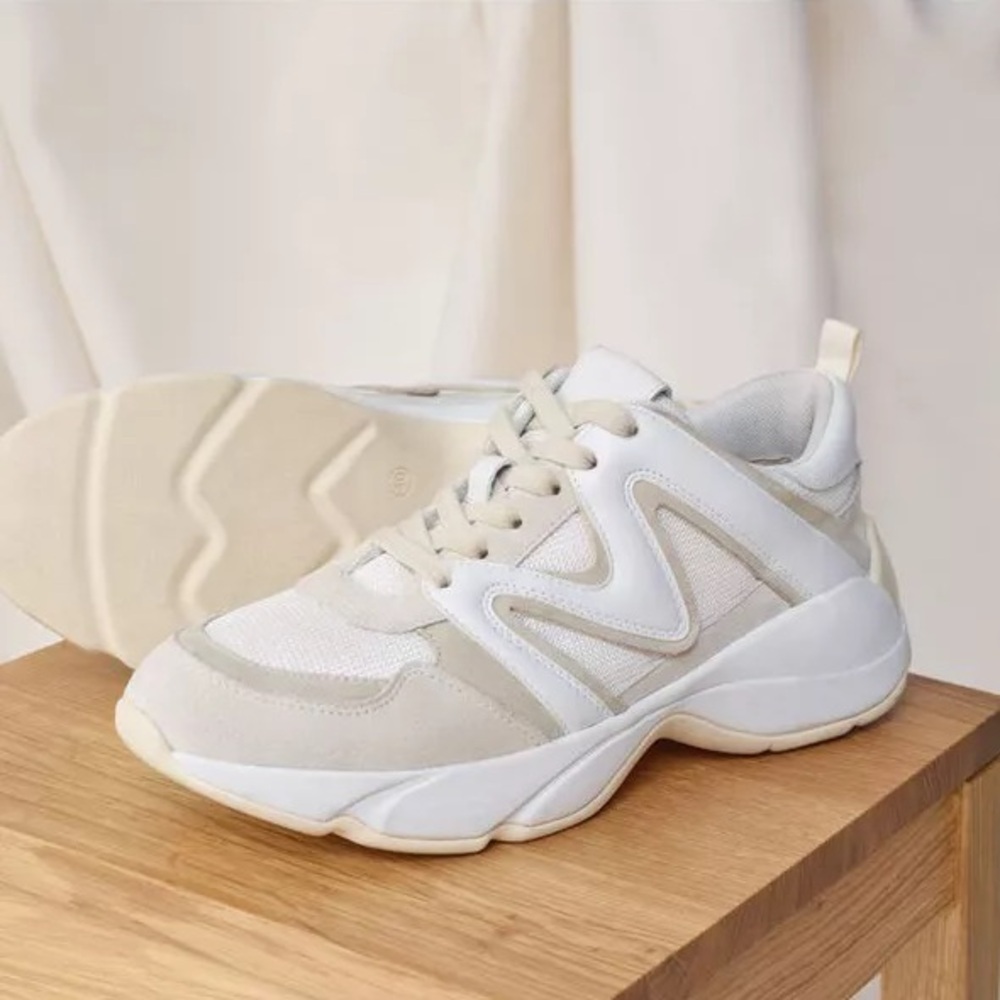 Maje Off White Leather Trainer Sneakers Size 36 6 Tan Cream Beige Suede Chunky